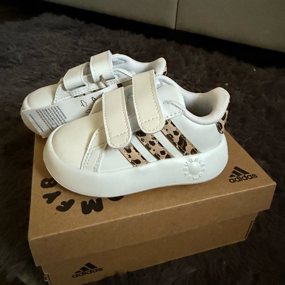 Adidas Kids White and Leopard Print Sneakers